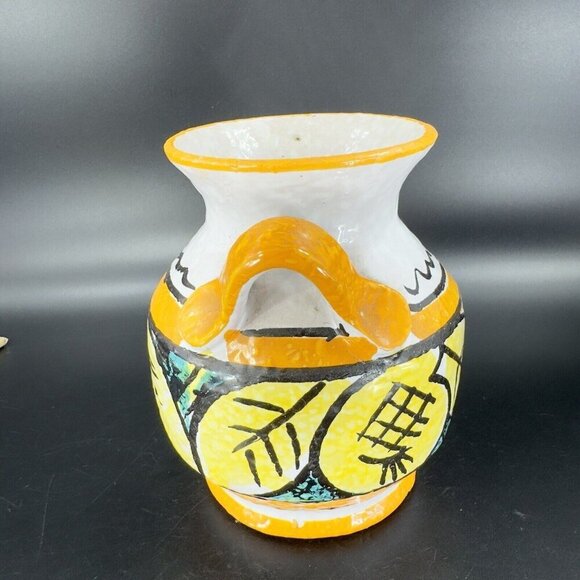 Italian Pottery Vase With Handles Hand Painted Yellow Leafs Lemons Marked Italy - Picture 14 of 15